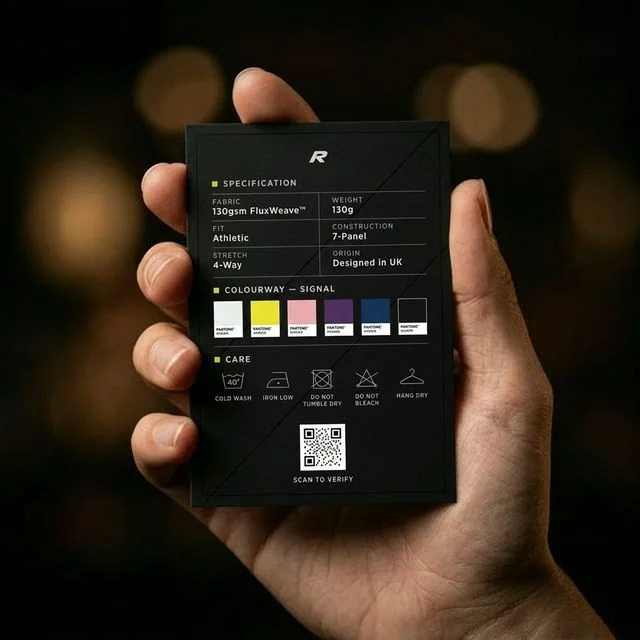 RAAK Insert Card — Back: Specification, colourway swatches, care instructions, QR verification code